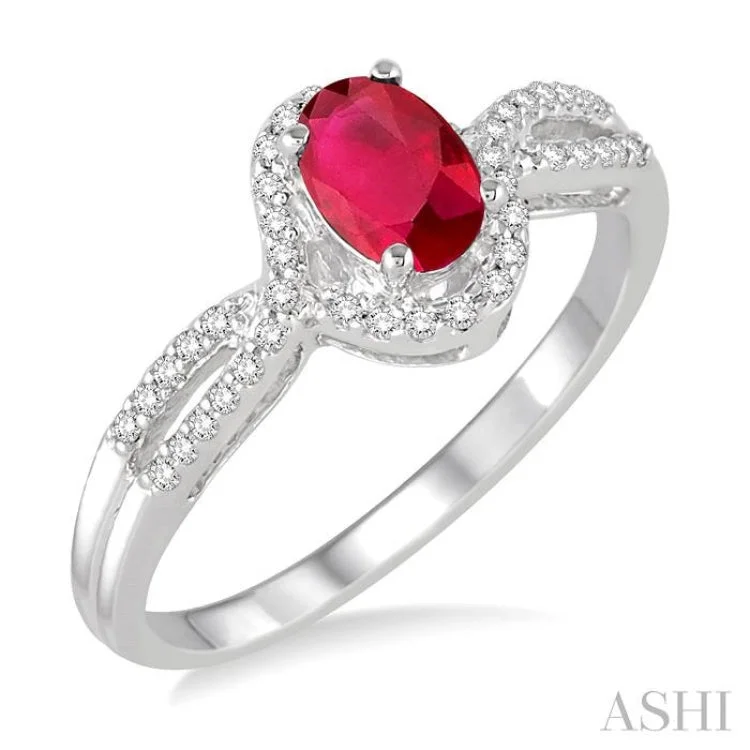 women’s luxury rings-6x4 MM Oval Cut Ruby and 1/6 Ctw Round Cut Diamond Ring in 10K White Gold