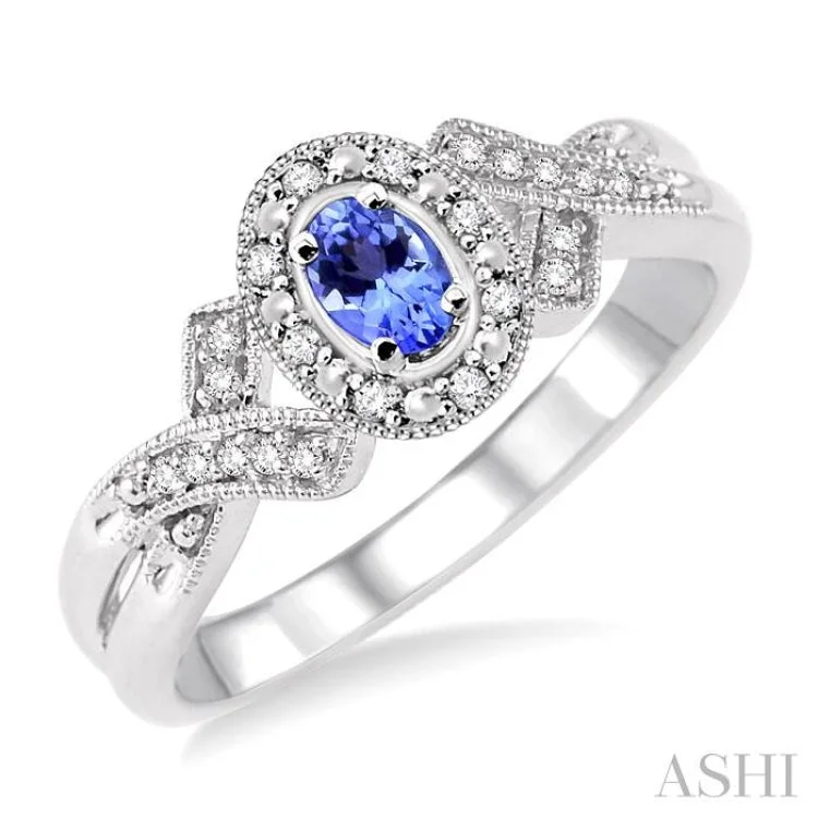 women’s princess-cut rings-5x3 mm Oval Cut Tanzanite and 1/50 Ctw Single Cut Diamond Ring in Sterling Silver