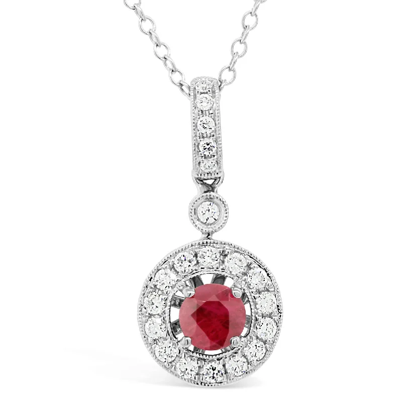 women’s personalized necklaces-women’s personalized necklaces-18K White Gold Ruby and Diamond Halo Pendant Necklace