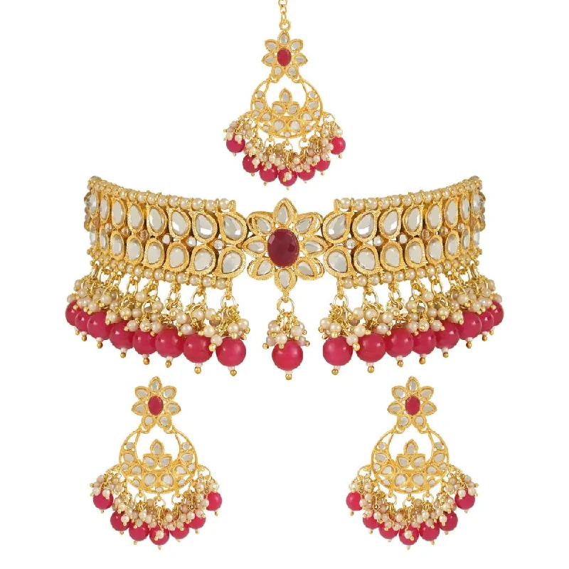 women’s luxury wedding necklaces-women’s luxury wedding necklaces-Etnico Gold Plated Traditional Pearl Kundan Studded Choker Jewellery Necklace Set with Maang Tikka for Women (K7242Q)