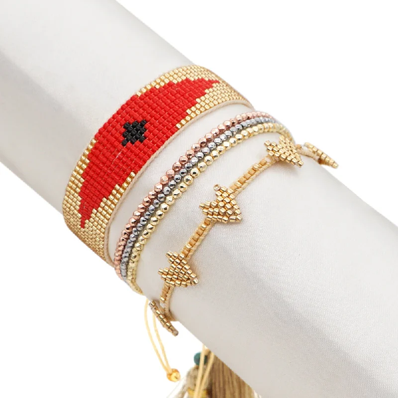 women’s contemporary bangles-Ethnic Style Lucky Eyes Beaded Rice Bead Woven Heart Bracelet