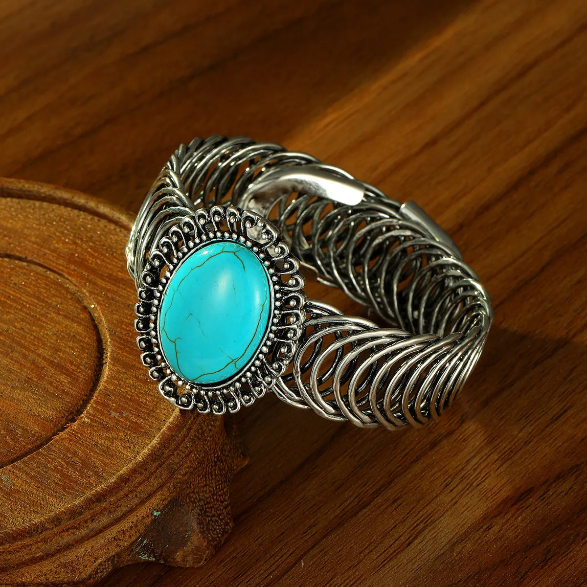 women’s double-layer bracelets-Vintage Style Ethnic Style Oval White Gold Plated Turquoise Alloy Wholesale Bangle