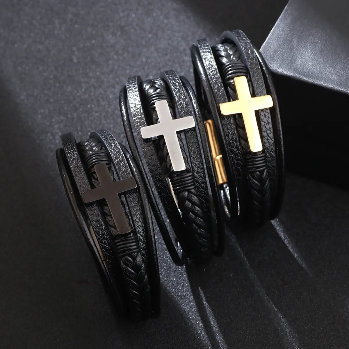 women’s stacked bangles-Casual British Style Cross Stainless Steel Pu Leather Knitting Men'S Wristband