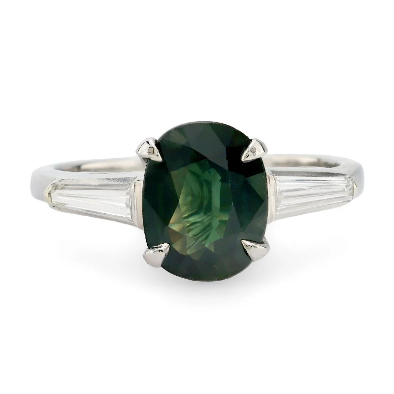 women’s bold rings-Mid-Century 2.00 carat platinum green sapphire diamond ring