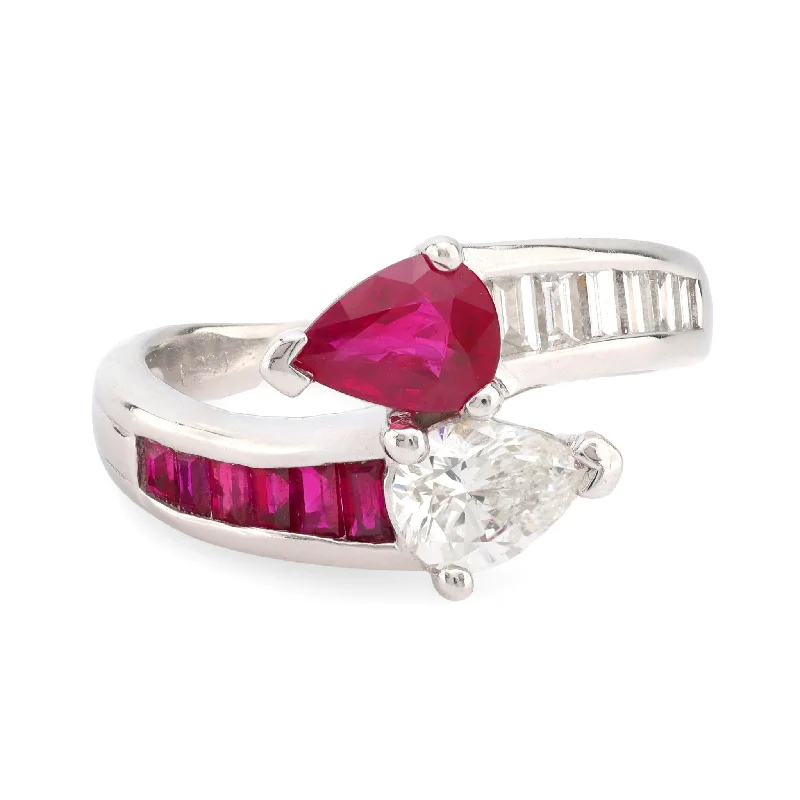 women’s art deco rings-Vintage toi et moi platinum ruby and diamond ring