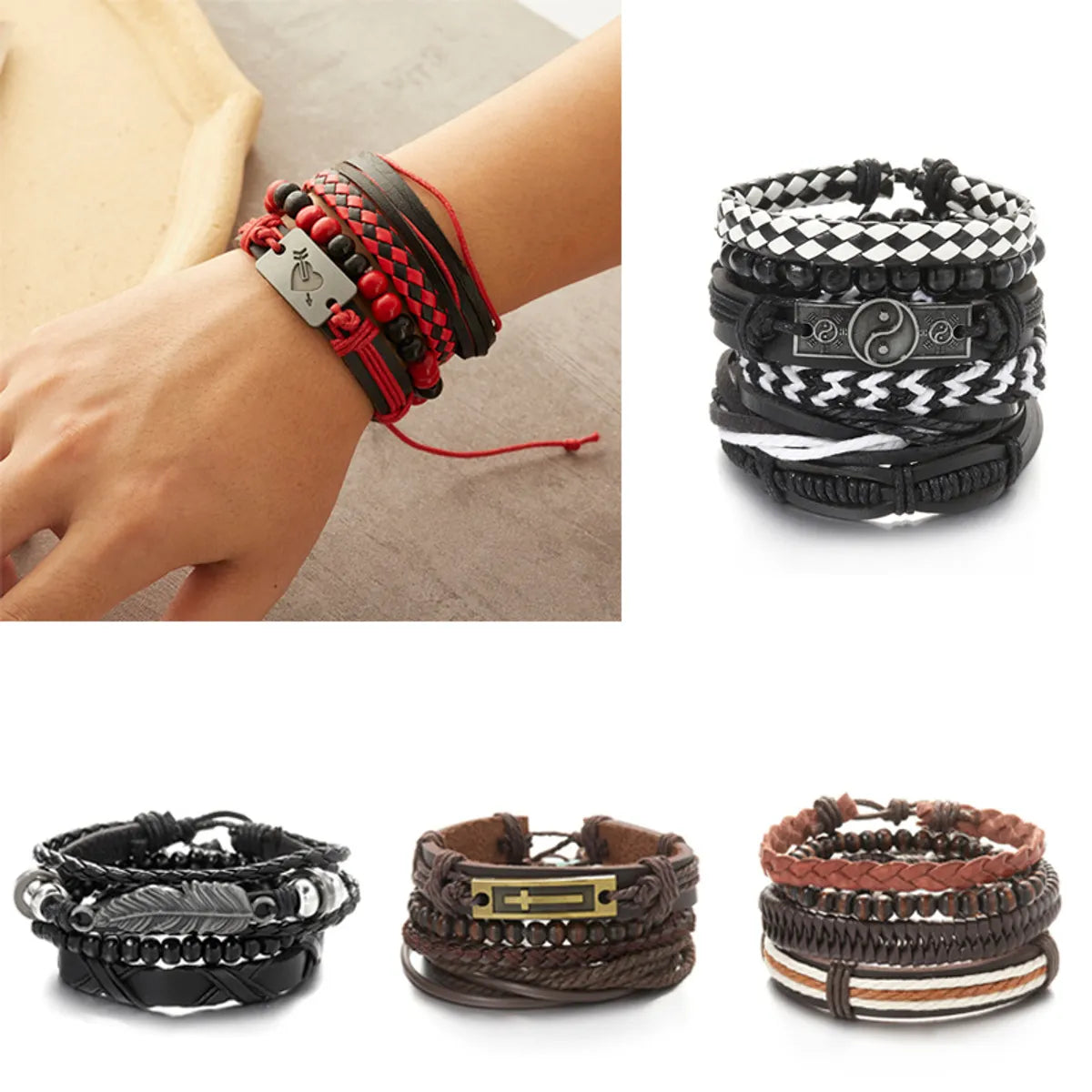 women’s fancy bracelets-Fashion Heart Shape Pu Leather Knitting Men'S Bracelets 1 Set