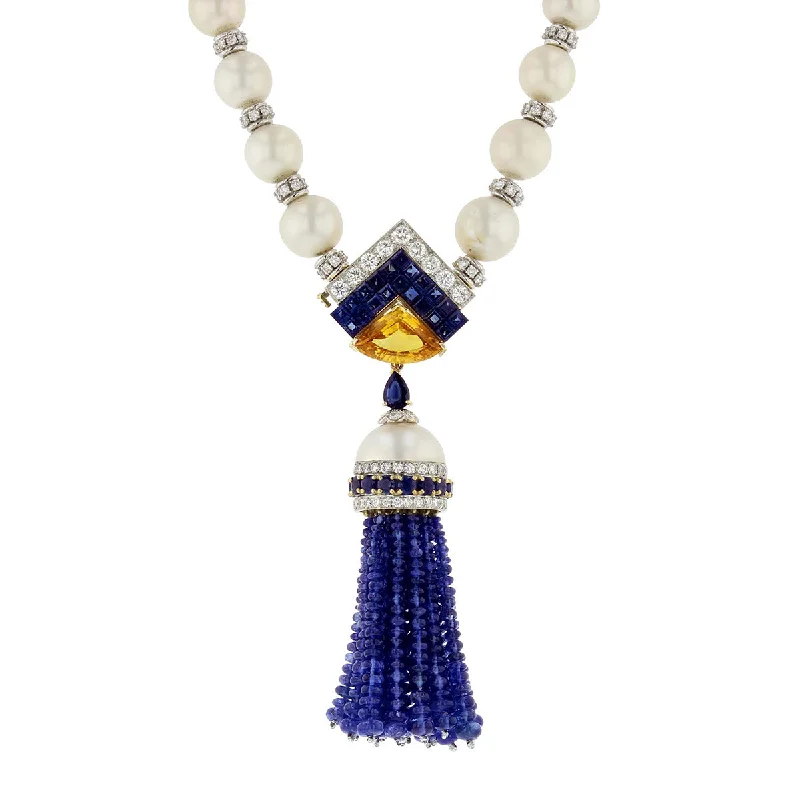 women’s engraved necklaces-women’s engraved necklaces-18K Pearl, Sapphire and Diamond Tassel Necklace