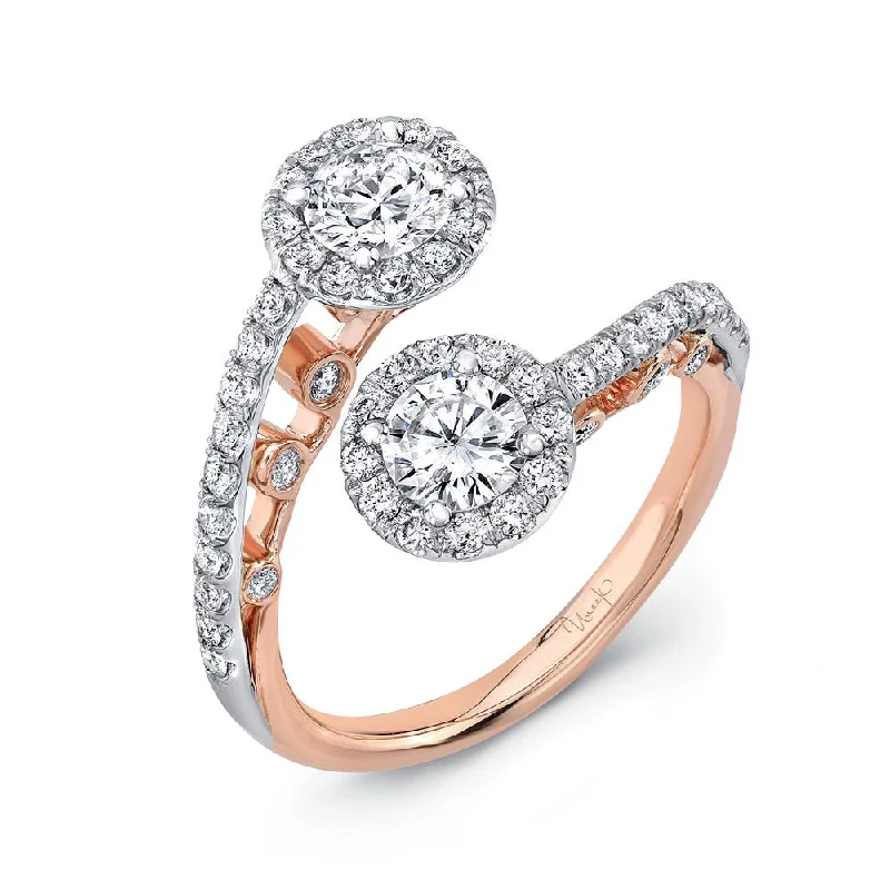 women’s knot rings-Uneek La Notte Stellata Two-Stone Diamond Ring with Round Halos and Pave Upper Shank