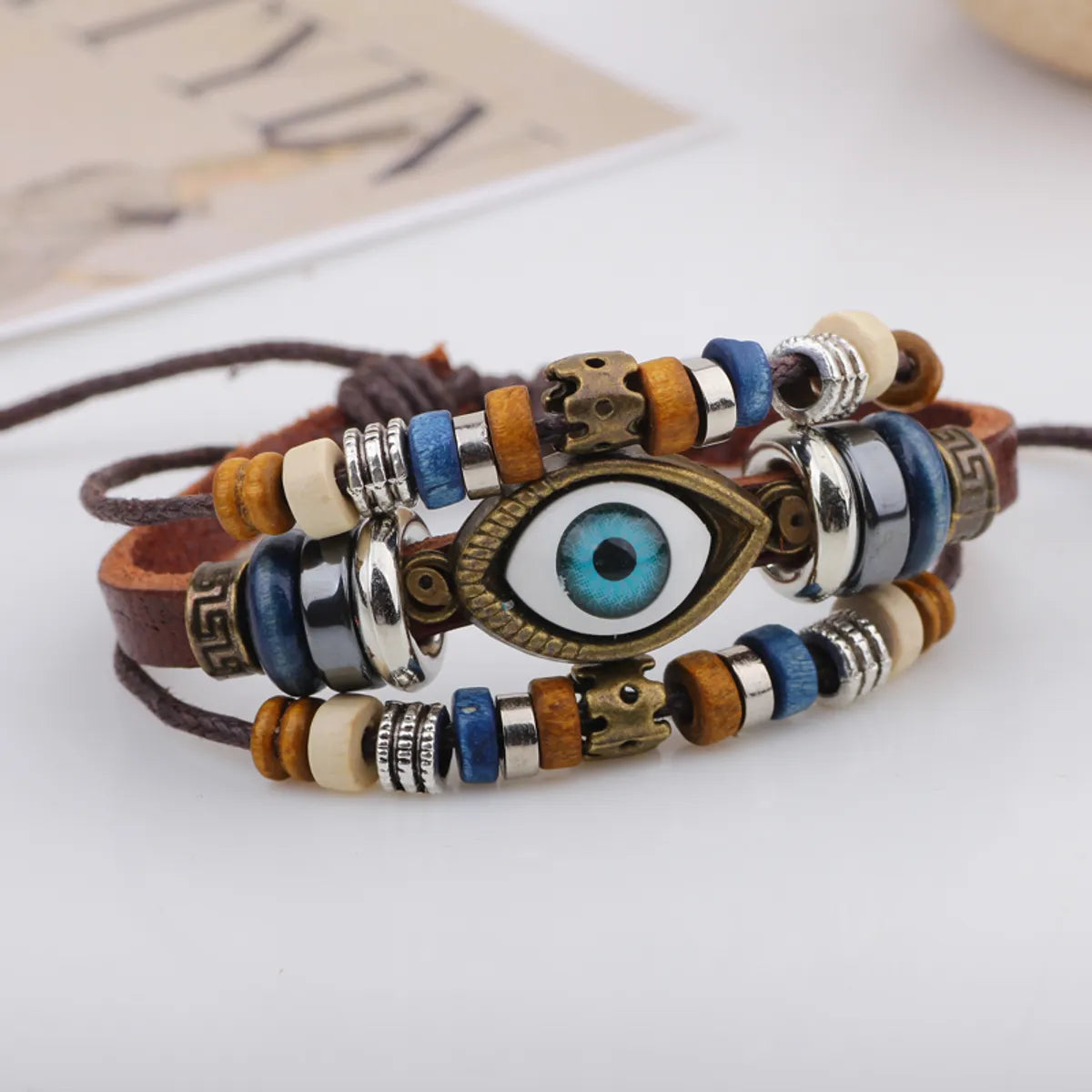 women’s adjustable bracelets-Casual Eye Pu Leather Beaded Braid Unisex Bracelets