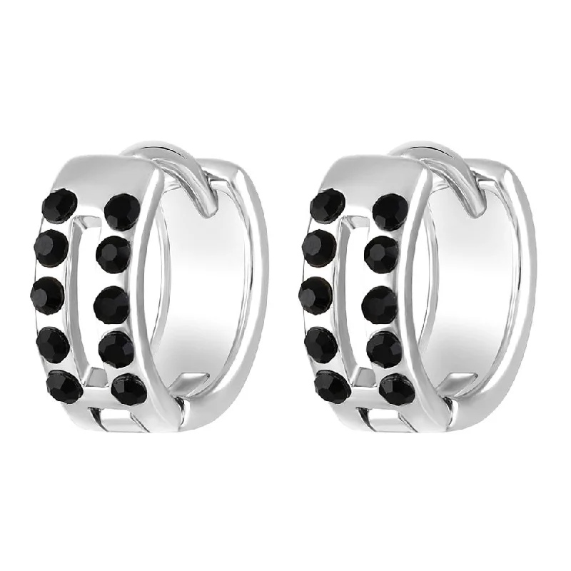 women’s chic earrings-Mahi Rhodium Plated Double Line Black Crystals Hoop Bali Piercing Mens Earrings (ER1109838RMen)