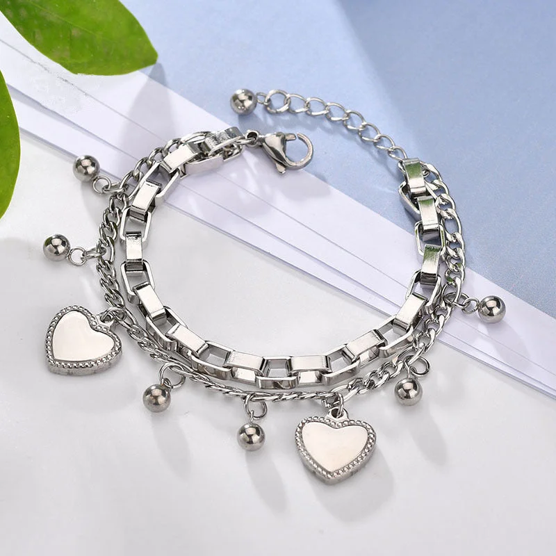 women’s tennis bracelets-Fashion Heart-shaped Pendant Multi-layer Chain Hip-hop Titanium Steel Bracelet