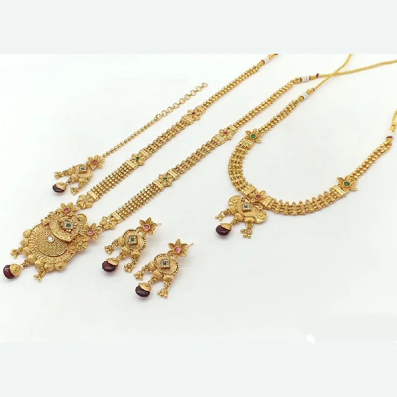 women’s romantic gold necklaces-women’s romantic gold necklaces-Rani Sati Jewels Gold Plated Pota Stone Double Necklace Set