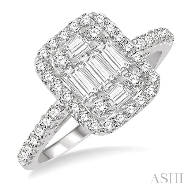 women’s textured rings-1 Ctw Baguette & Round Cut Fusion Diamond Ring in 14K White Gold