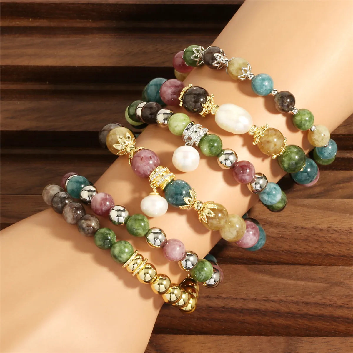 women’s classic bracelets-Bohemian Irregular Geometric Round Artificial Gemstones Freshwater Pearl Beaded Handmade Plating Zircon 18k Gold Plated Women's Bracelets