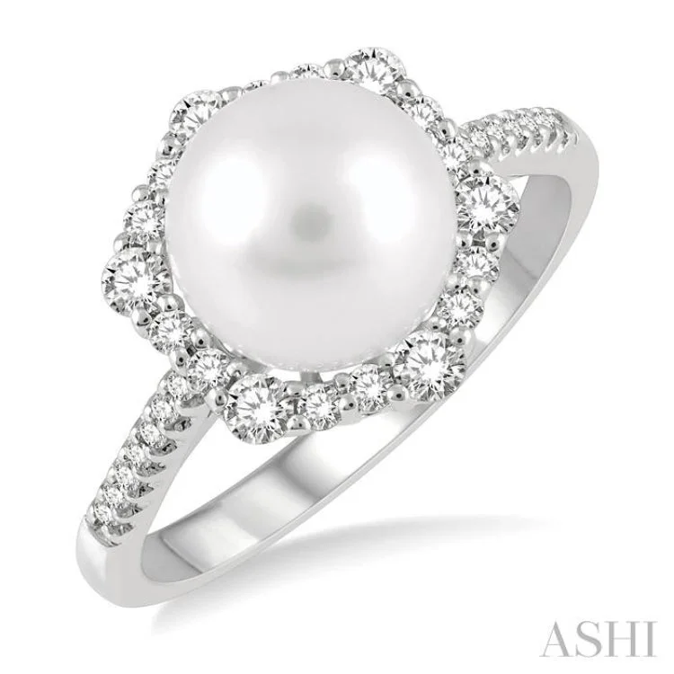 women’s minimal rings-8X8MM Cultured Pearl and 1/3 Ctw Hexagon Shape Round Cut Diamond Ring in 14K White Gold