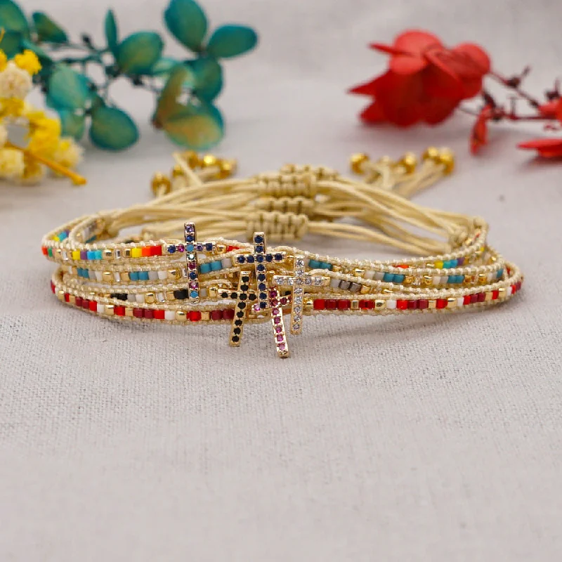 women’s statement bangles-Gooddiy Wholesale Accessories Ethnic Style Diamond Cross Miyuki Beads Woven Bracelet