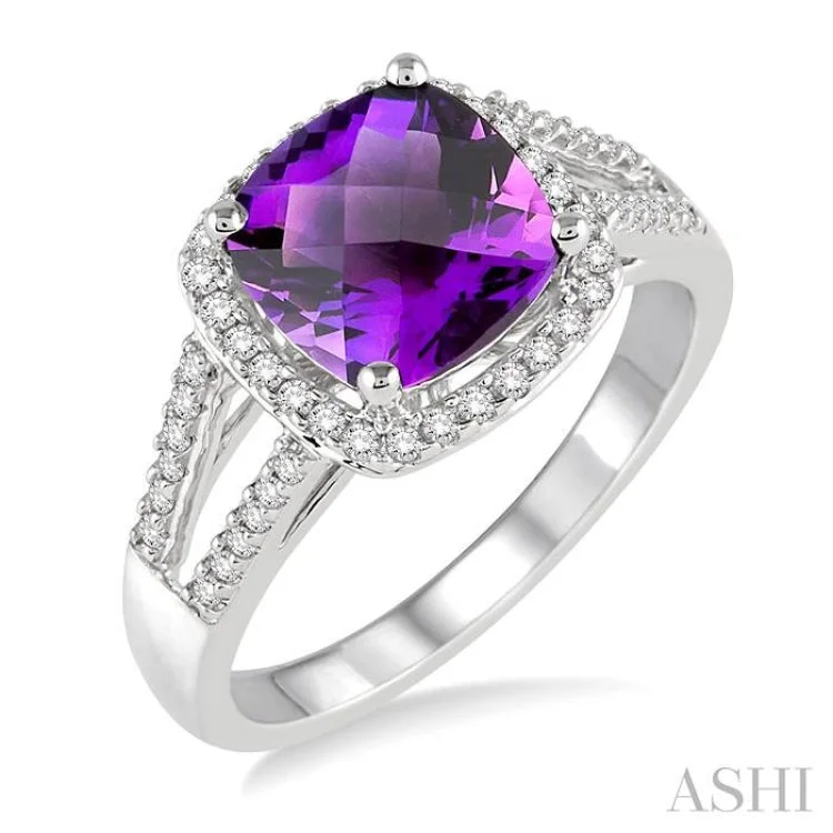 women’s two-tone rings-8x8 MM Cushion Cut Amethyst and 1/4 Ctw Round cut Diamond Ring in 10K White Gold