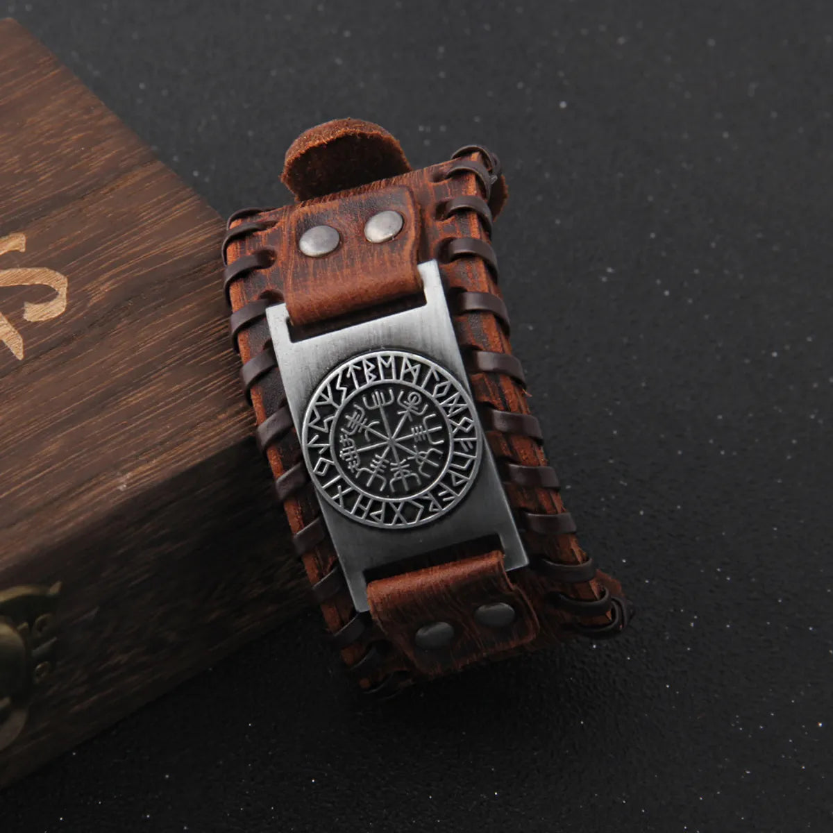 Genuine Leather Brown Leather + Silver Accessories-Compass