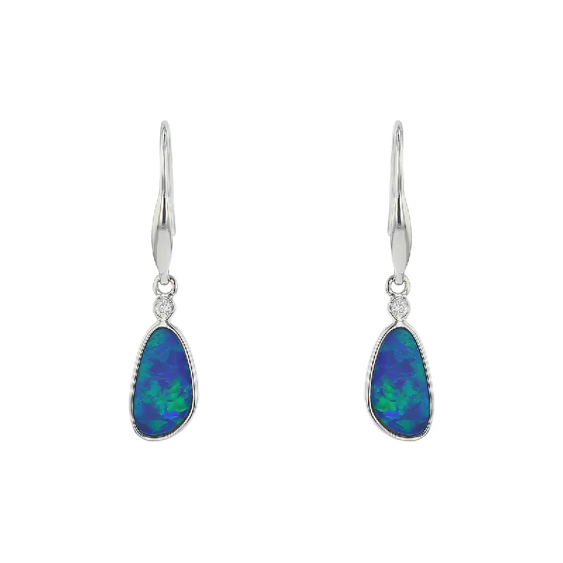 women’s mixed-metal earrings-Opal Doublet and Drop Diamond Earrings in 14K White Gold