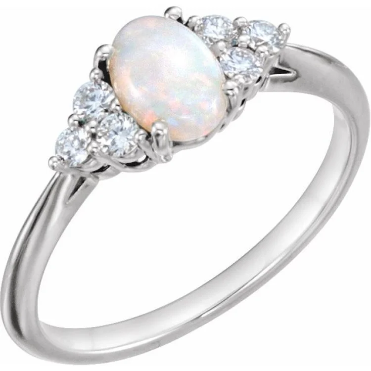 women’s unique gemstone rings-14K White Natural White Opal & 1/6 CTW Natural Diamond Ring