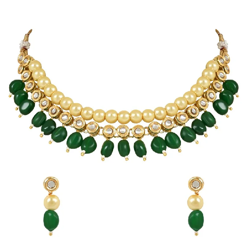 women’s wedding necklaces-women’s wedding necklaces-Etnico Gold Plated Traditional Kundan Studed Pearls Choker Necklace Jewellery Set with Earrings for Women and Girls (IJ372G)