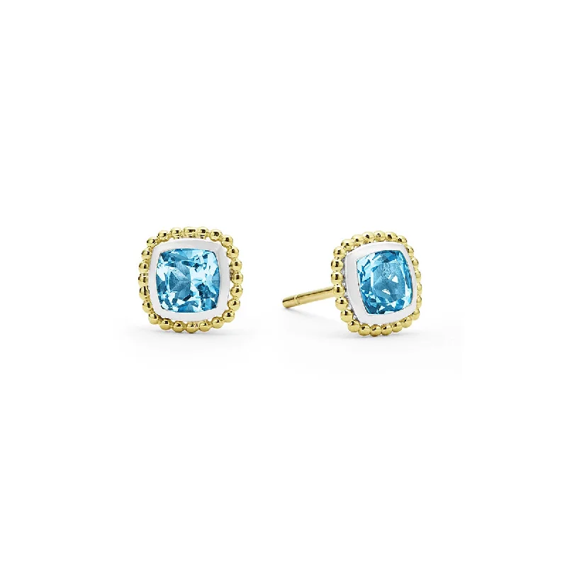 women’s solitaire earrings-Rittenhouse Cushion Blue Topaz Stud Earrings in Sterling Silver and 18K Yellow Gold, 7mm