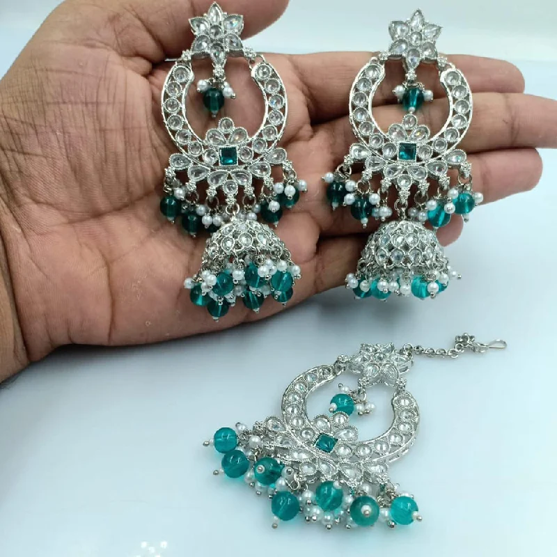 women’s feather earrings-Rani Sati Jewels Silver Plated Reverse AD Jhumki Earrings With Maangtikka