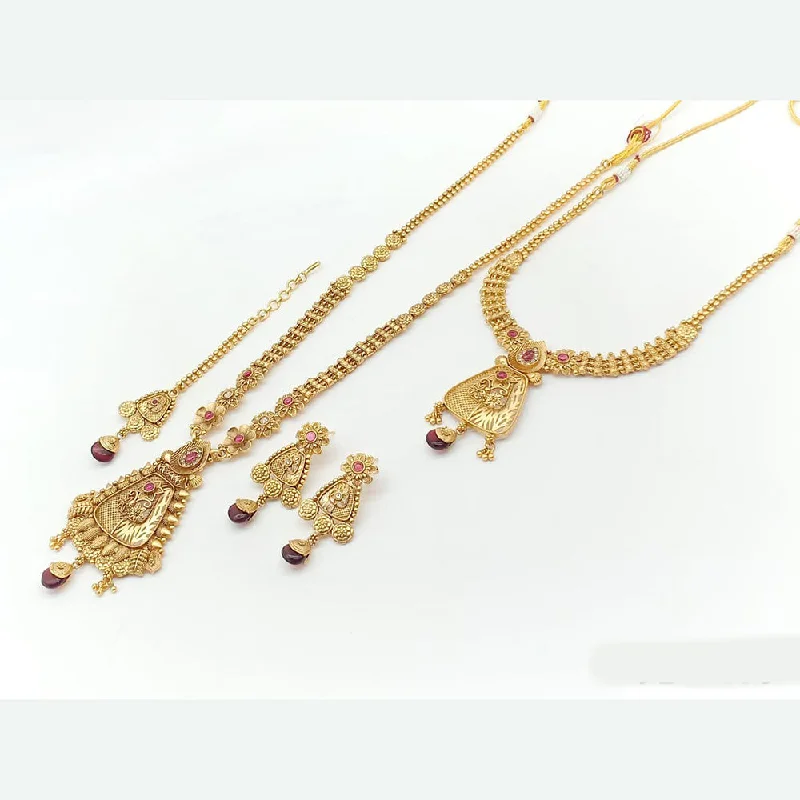 women’s layered gold necklaces-women’s layered gold necklaces-Rani Sati Jewels Gold Plated Pota Stone Double Necklace Set