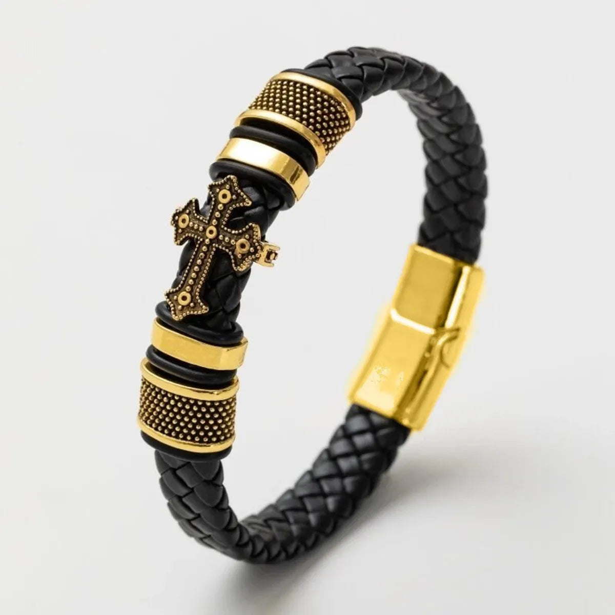 Golden-Carved Cross-Leather Cord Bracelet