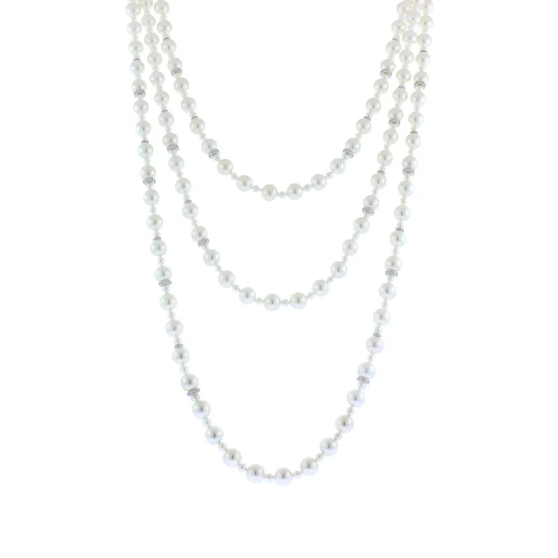 women’s elegant necklaces-women’s elegant necklaces-18K White Gold Akoya Cultured Pearl And Diamond Rondelle Necklace