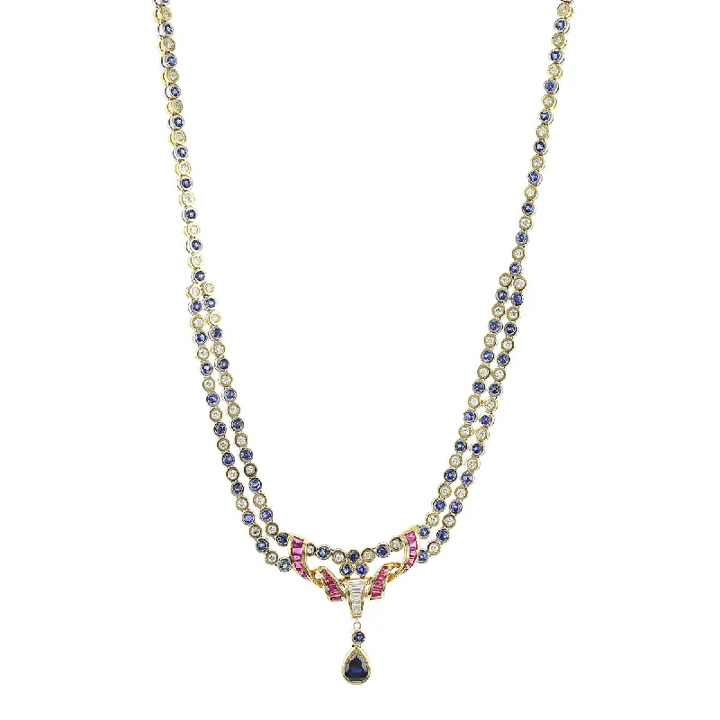 women’s diamond necklaces-women’s diamond necklaces-18K Gold Sapphire, Diamond and Ruby Drop Necklace