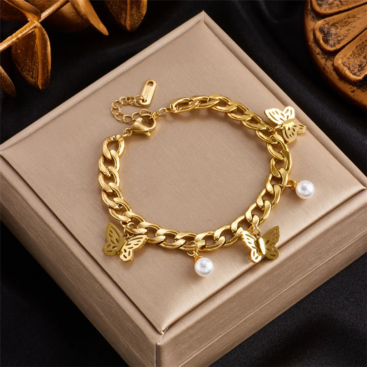 women’s oval bangles-Basic Butterfly Titanium Steel Gold Plated Artificial Pearls Bracelets 1 Piece