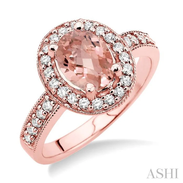 women’s flower rings-8x6mm Oval Cut Morganite and 1/3 Ctw Round Cut Diamond Ring in 14K Rose Gold