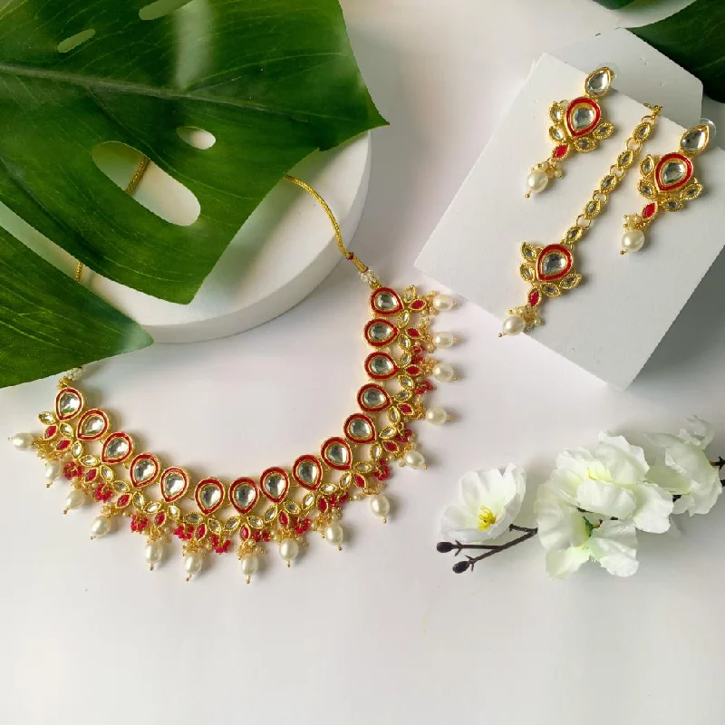 women’s infinity diamond necklaces-women’s infinity diamond necklaces-Etnico Gold Plated Traditional Pearl Kundan Studded Floral Necklace With Earring Maang Tikka Set For Women And Girls (K7249Q)