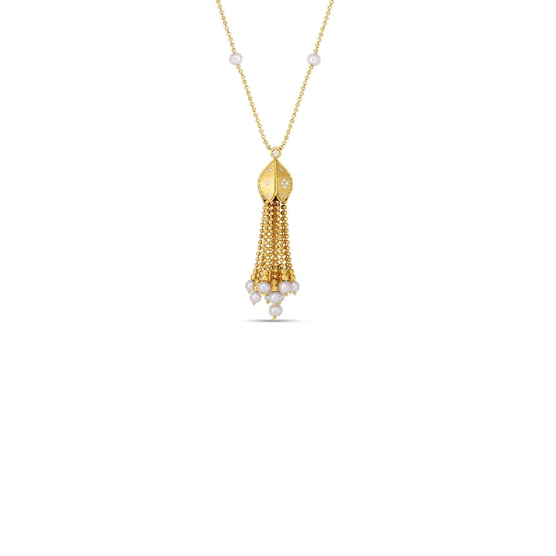 women’s custom necklaces-women’s custom necklaces-18K Y Princess Pearl and Diamond Tassel Necklace