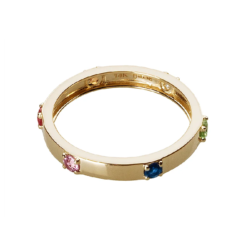 women’s simple rings-women’s simple rings-Diamond & Rainbow Sapphire Ribbon Ring