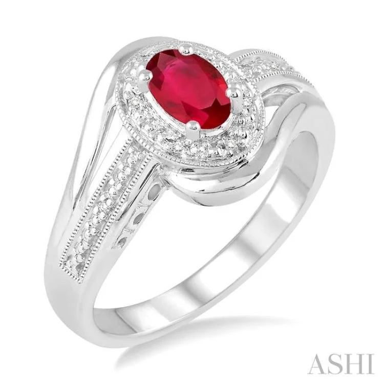 women’s round-cut rings-6x4 MM Oval Cut Ruby and 1/50 Ctw Round Cut Diamond Ring in Sterling Silver