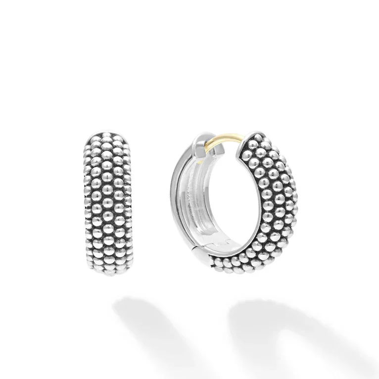 women’s pearl stud earrings-Signature Caviar 15mm Beaded Huggie Hoop Earrings in Sterling Silver