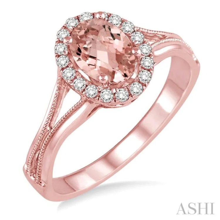 women’s heart-shaped rings-7x5 MM Oval Shape Morganite and 1/6 Ctw Round Cut Diamond Ring in 14K Rose Gold