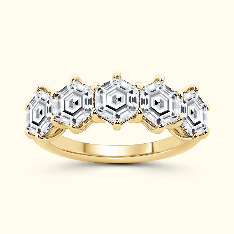 women’s designer engagement rings-14KY 5 Stone Hexagon Cut Diamond Ring