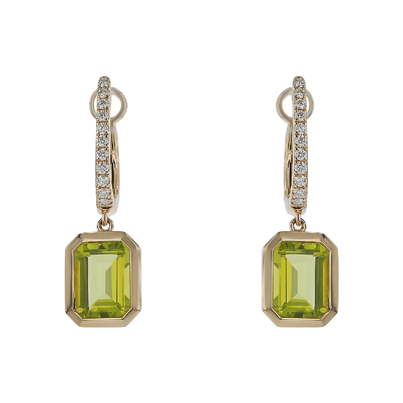 women’s stud earrings-Emerald Cut Peridot and Diamond Drop Earrings in 14K Yellow Gold