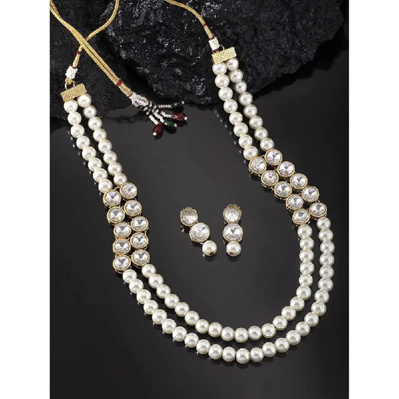 women’s elegant diamond necklaces-women’s elegant diamond necklaces-Etnico Gold Plated Traditional Stunning White Stone Studded Layered Pearl Necklace Jewellery Set with Earrings For Women and Girls (IJ365W)