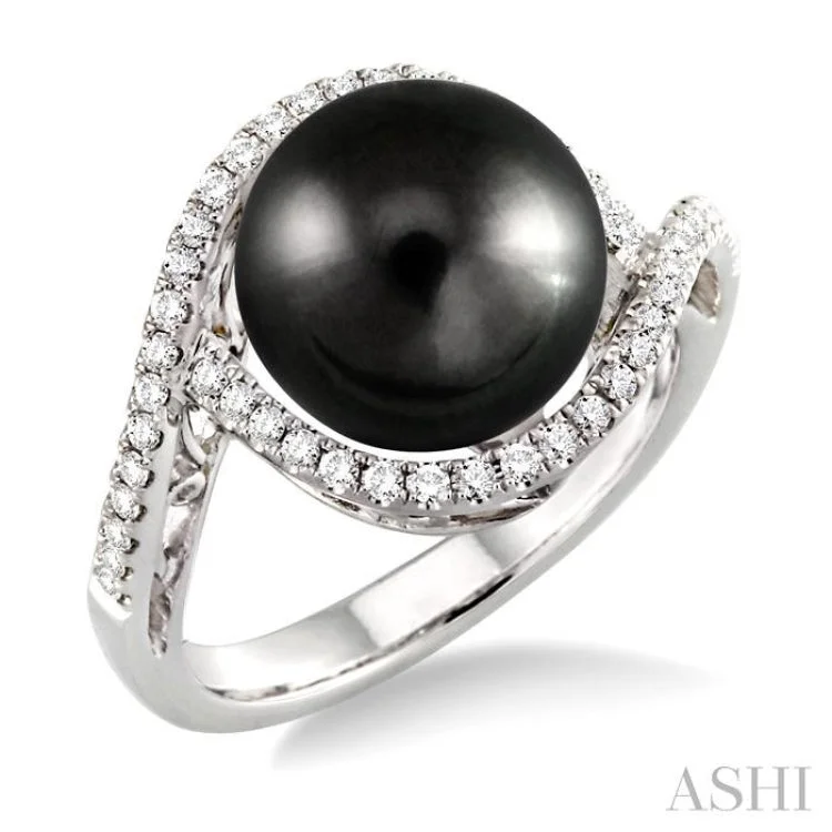 women’s birthstone rings-11x11MM Black Cultured Pearl and 1/3 Ctw Round Cut Diamond Ring in 14K White Gold