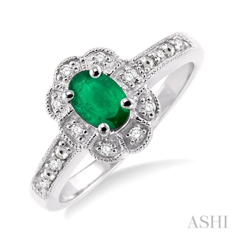 women’s multicolor gemstone rings-6x4 mm Oval Cut Emerald and 1/20 ctw Single Cut Diamond Ring in Sterling Silver