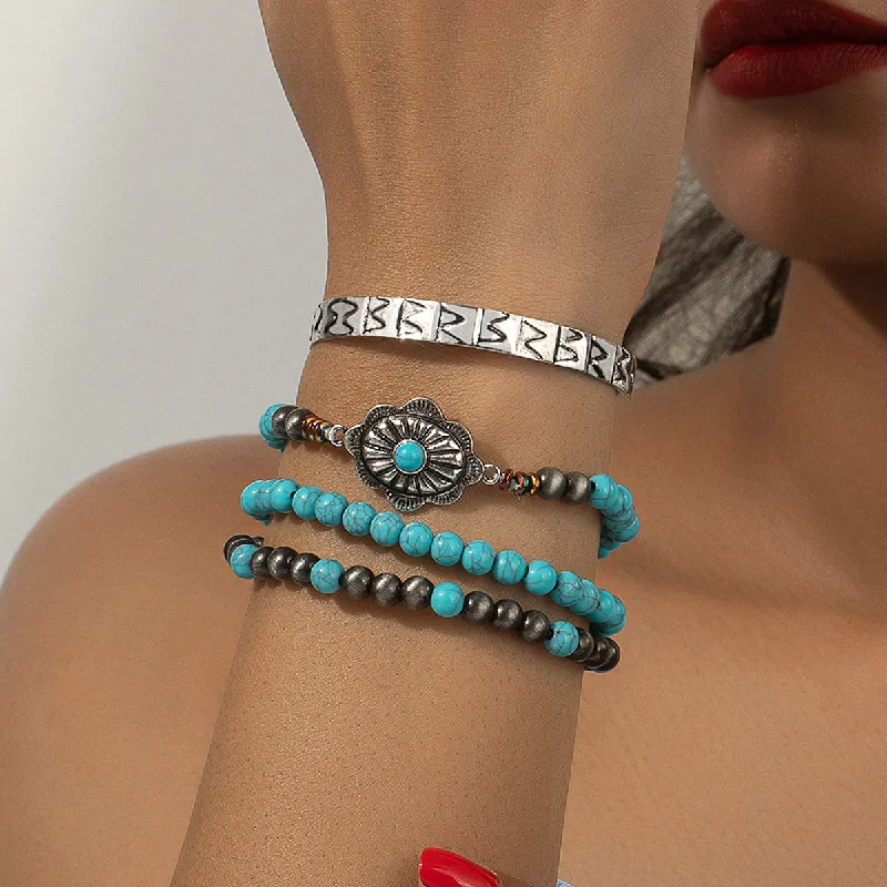 women’s simple bangles-Retro Ethnic Style Round Beaded Alloy Beaded Turquoise Women's Bangle