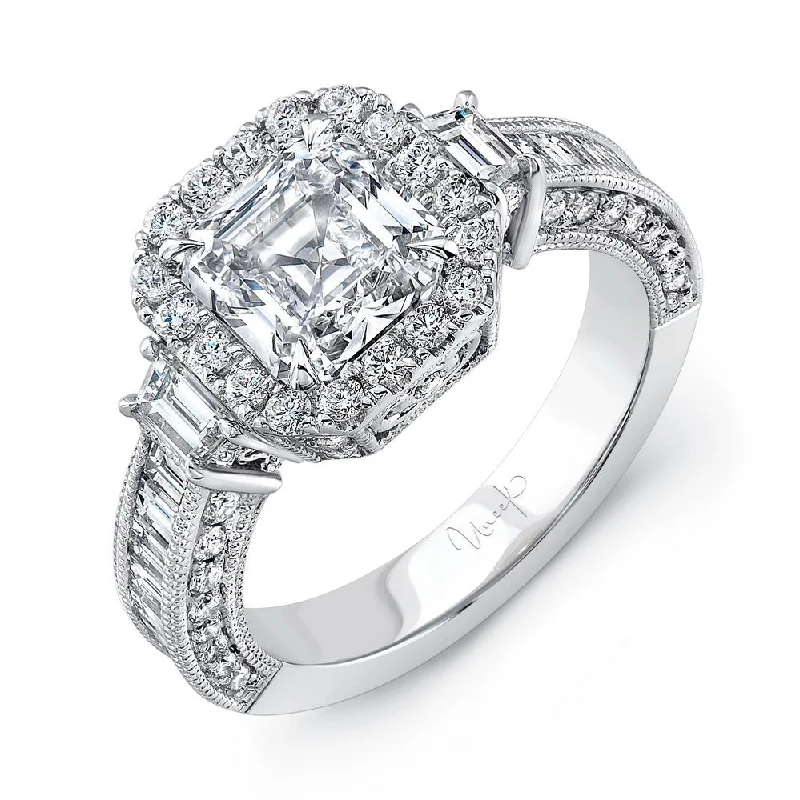 women’s halo rings-Uneek Estate-Inspired Asscher-Cut Diamond Ring with Trapezoid Sidestones