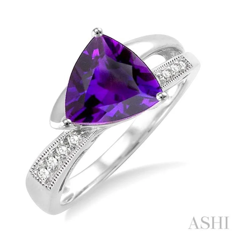 women’s chunky fashion rings-8x8mm Trillion Cut Amethyst and 1/20 Ctw Single Cut Diamond Ring in 10K White Gold