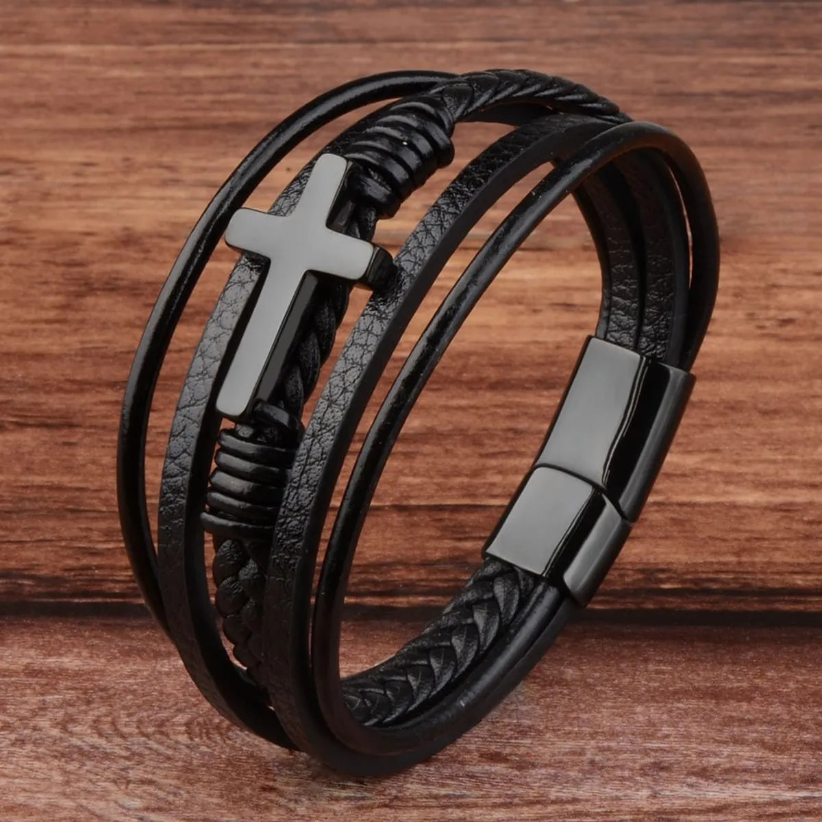 women’s stretch bracelets-Retro Simple Style Cross Pu Leather Knitting Plating Men'S Bangle