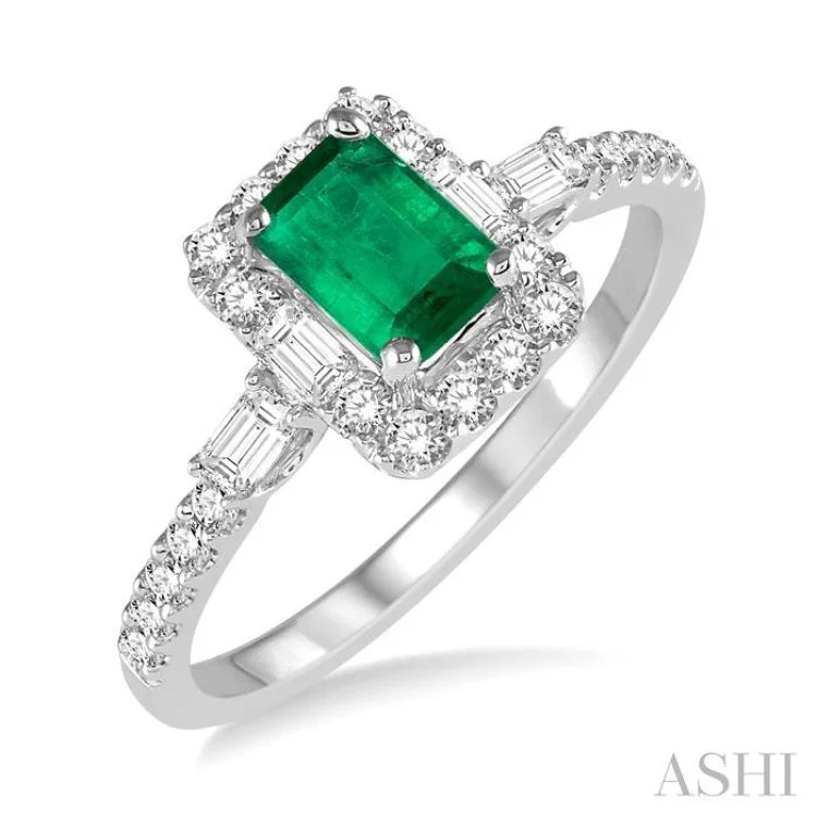 women’s emerald-cut rings-6x4 MM Octagon Cut Emerald and 1/2 Ctw Round Cut Diamond Ring in 14K White Gold