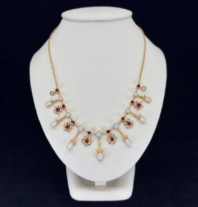 women’s pendant necklaces-women’s pendant necklaces-Antique Victorian Opal and Ruby Gold Fringe Necklace